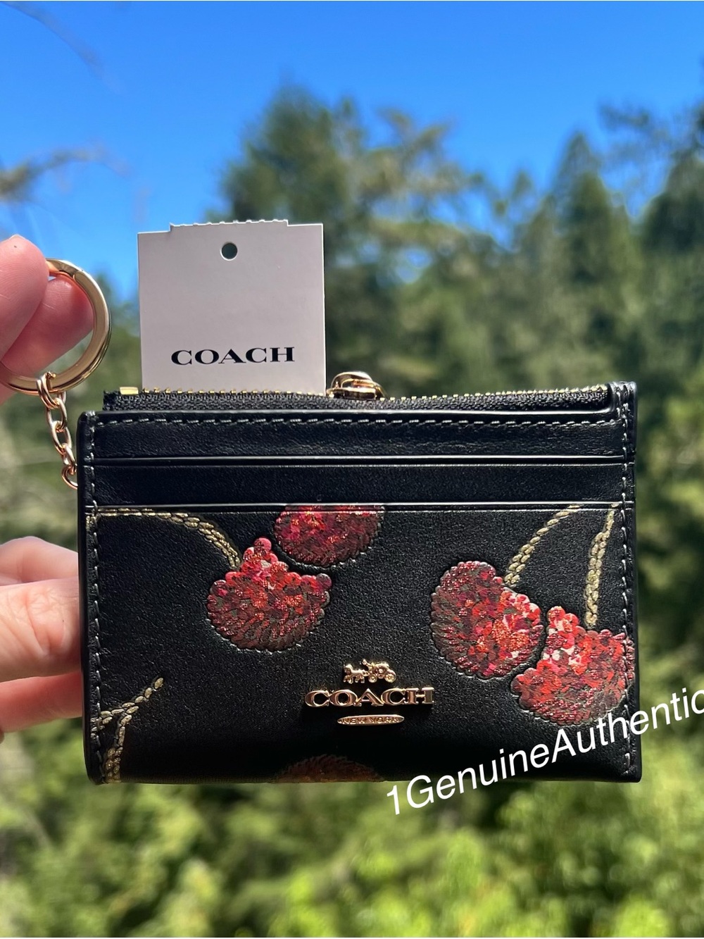 COACH Mini Skinny Id Case Cardholder Wallet with Cherry Print NWT AUTHENTIC